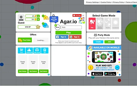 Agar.io running in a web browser, multiplayer game, no download