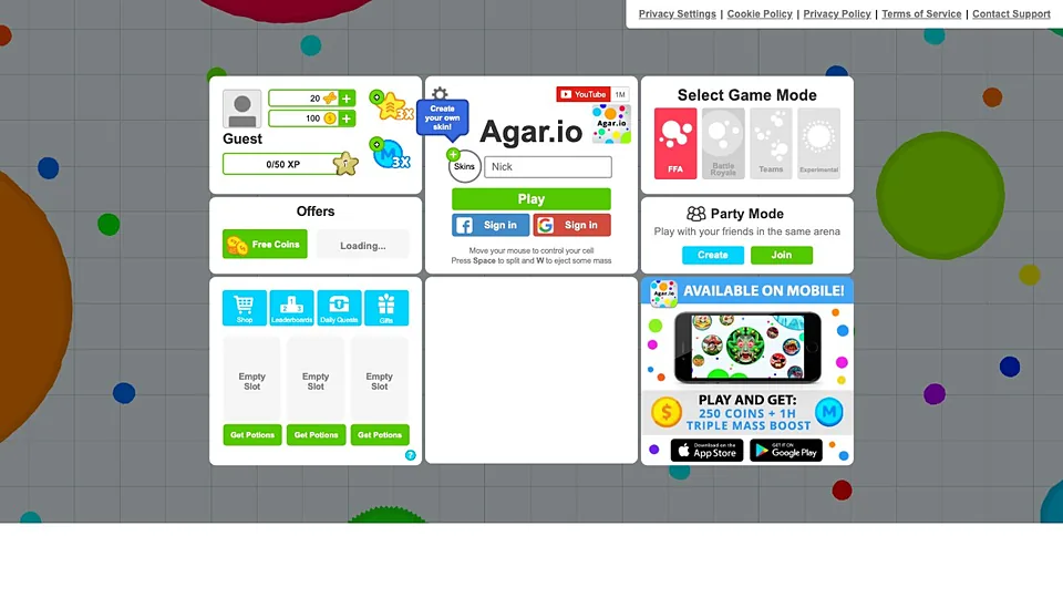 Agar.io running in a web browser, Multiplayer game, no download