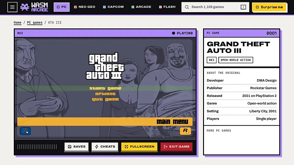 GTA III (WASM) running in a web browser, Sandbox & Open World game, no download
