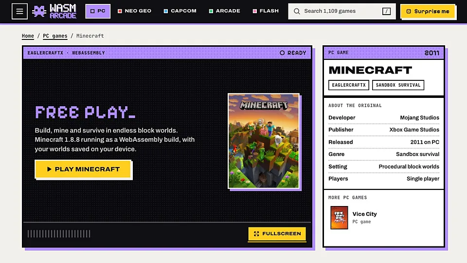 Minecraft 1.8.8 (Eaglercraft) running in a web browser, Sandbox & Open World game, no download