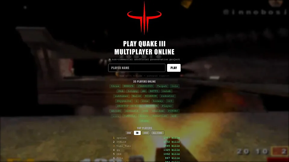 Quake III Arena running in a web browser, Shooters game, no download