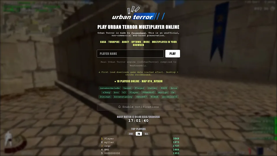 Urban Terror running in a web browser, Shooters game, no download
